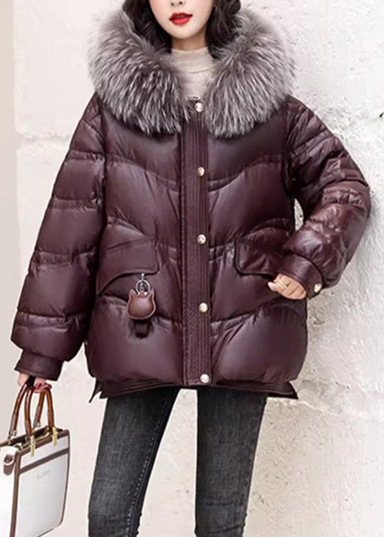 Coffee Fox Collar Zippered Duck Down Jackets Long Sleeve