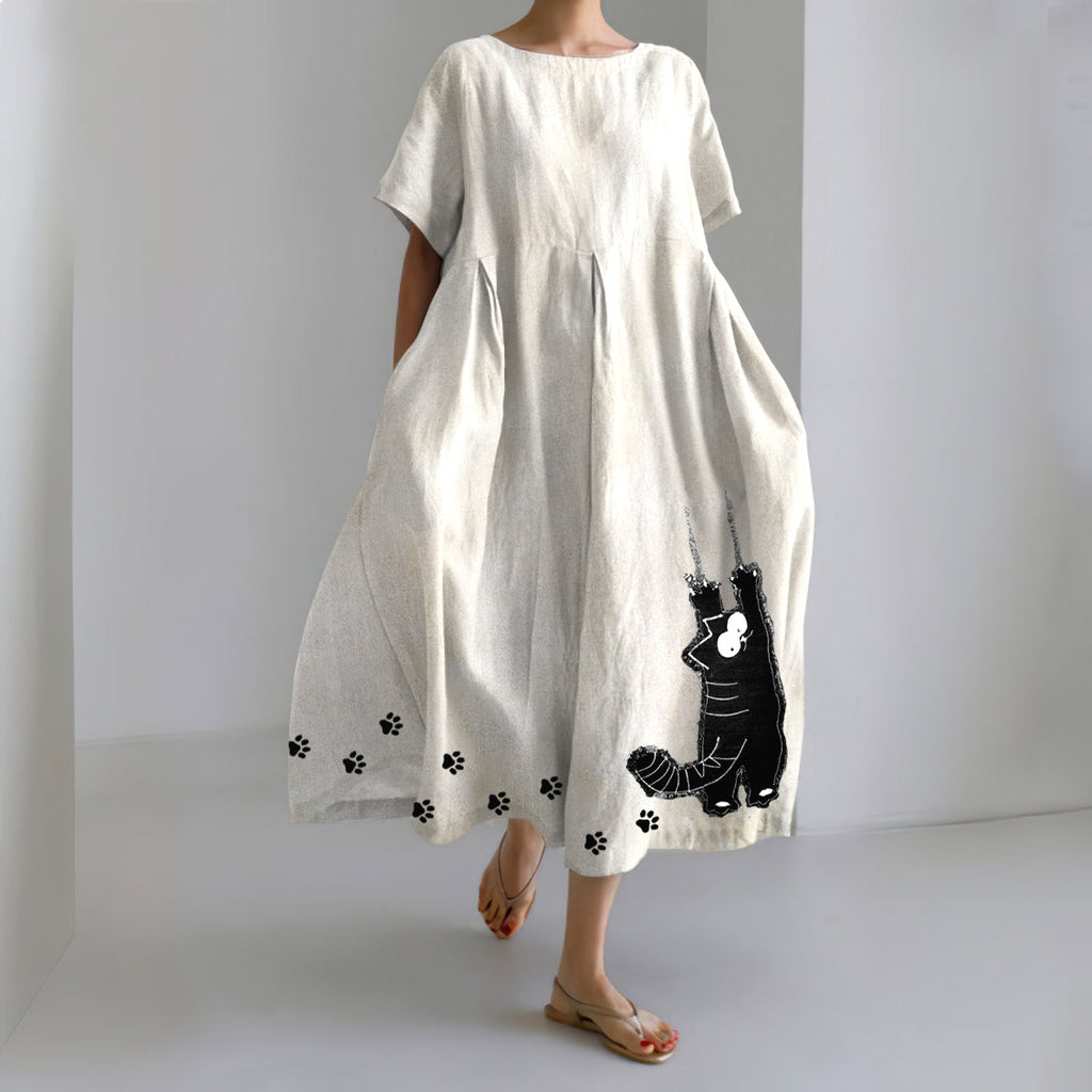 Comstylish Stretching Cat & Paw Prints Embroidered Linen Blend Maxi Dress