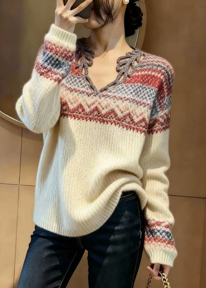Beige V Neck Print Knitted Tops Spring