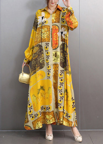 Yellow Oversized Print Chiffon Long Dresses Fall