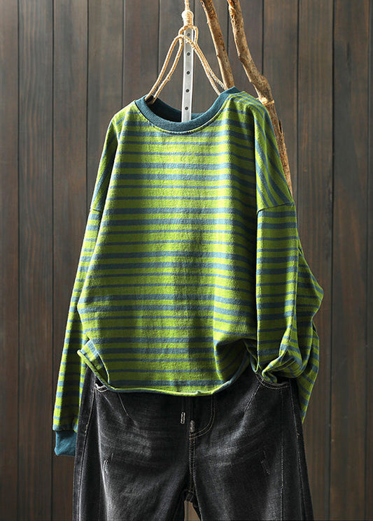 Green O Neck Striped Patchwork Cotton T Shirt Top Fall