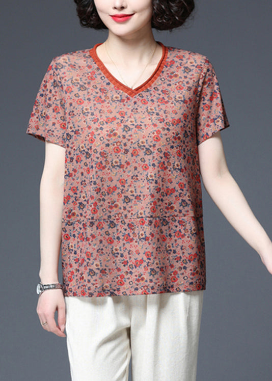 Orange V Neck Print Patchwork Tank Tops Short Sleeve