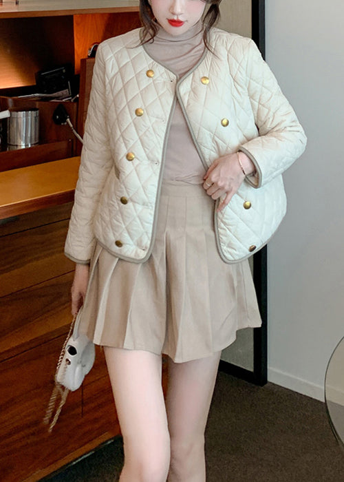 Apricot O Neck Double Breast Cotton Filled Coat Winter