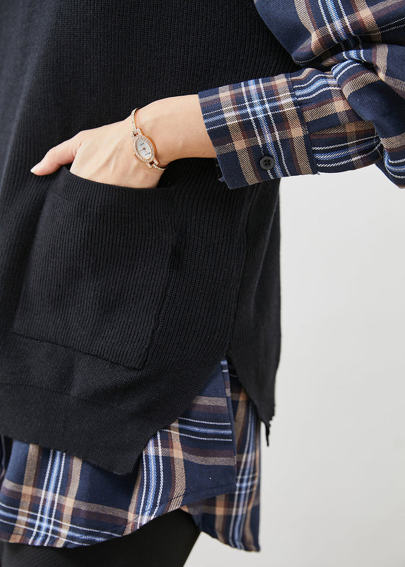 Style Black Plaid Knit Vest and Shirt Two Pieces Set Fall