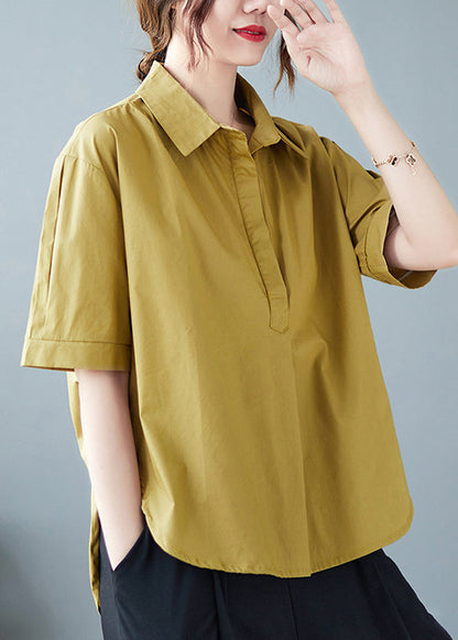 Khaki Peter Pan Collar Patchwork Cotton Shirts Summer