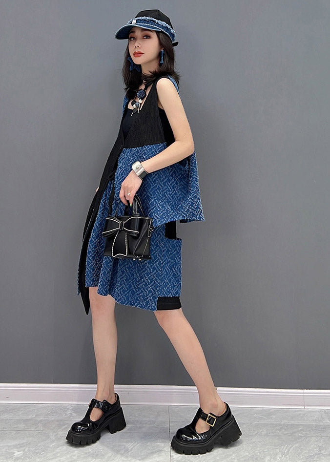 Blue Patchwork Waistcoat and Shorts Two Pieces Set Sleeveless