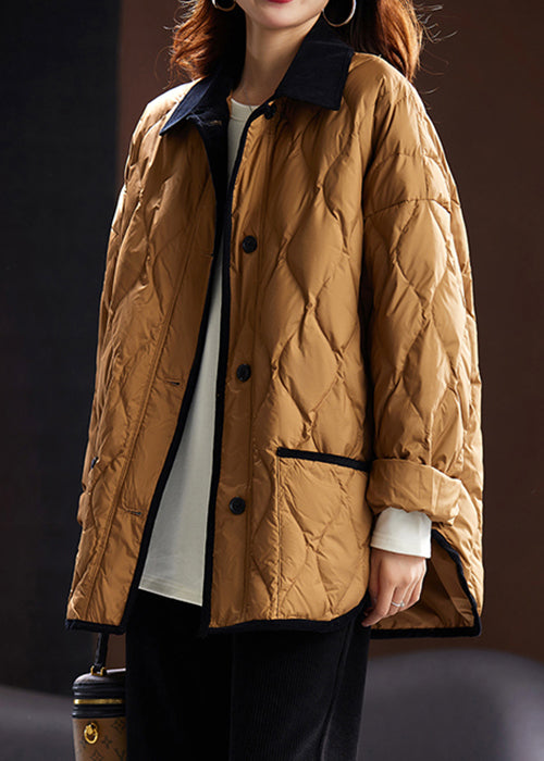 Khaki Peter Pan Collar Pockets Duck Down Coat Long Sleeve