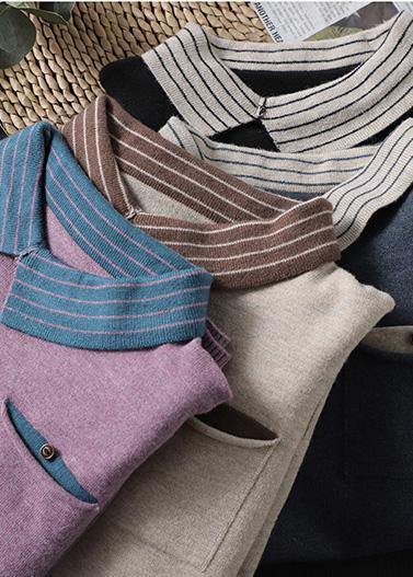 For Spring Black Knit Tops Clothing Lapel Patchwork Sweater Tops