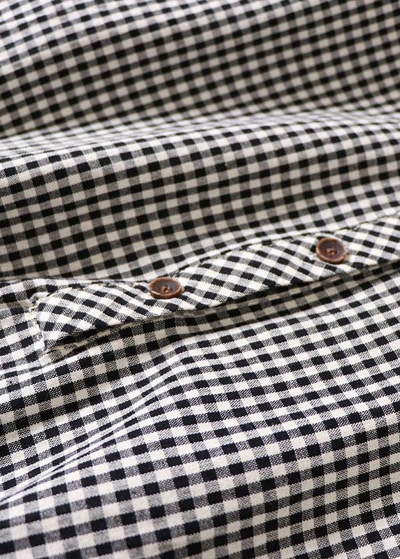 Black White Plaid Pockets Button Tie Waist Fall Patchwork Dress Long Sleeve