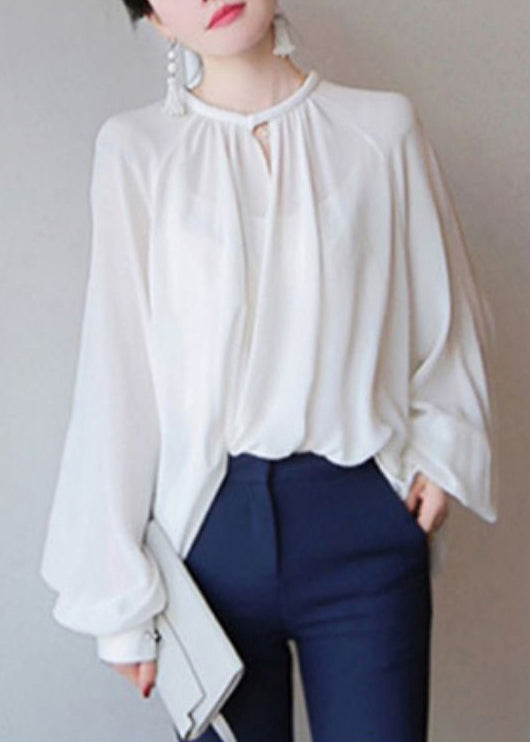 French White Button Chiffon Blouses Fall