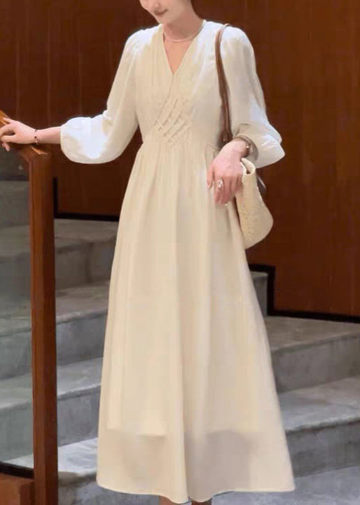 Beige V Neck High Waist Cotton Long Dress Fall