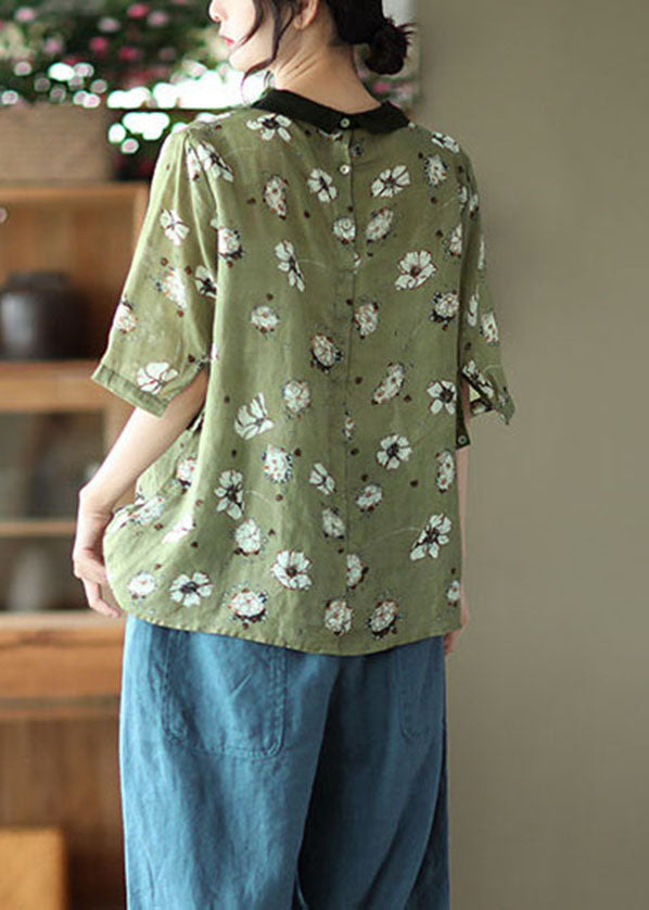 Blackish Green Colorblock Patchwork Linen Shirt Top Short Sleeve