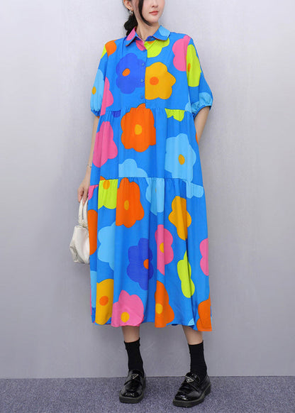 Blue Print Pockets Patchwork Cotton Blouses Dresses Half Sleeve Summer
