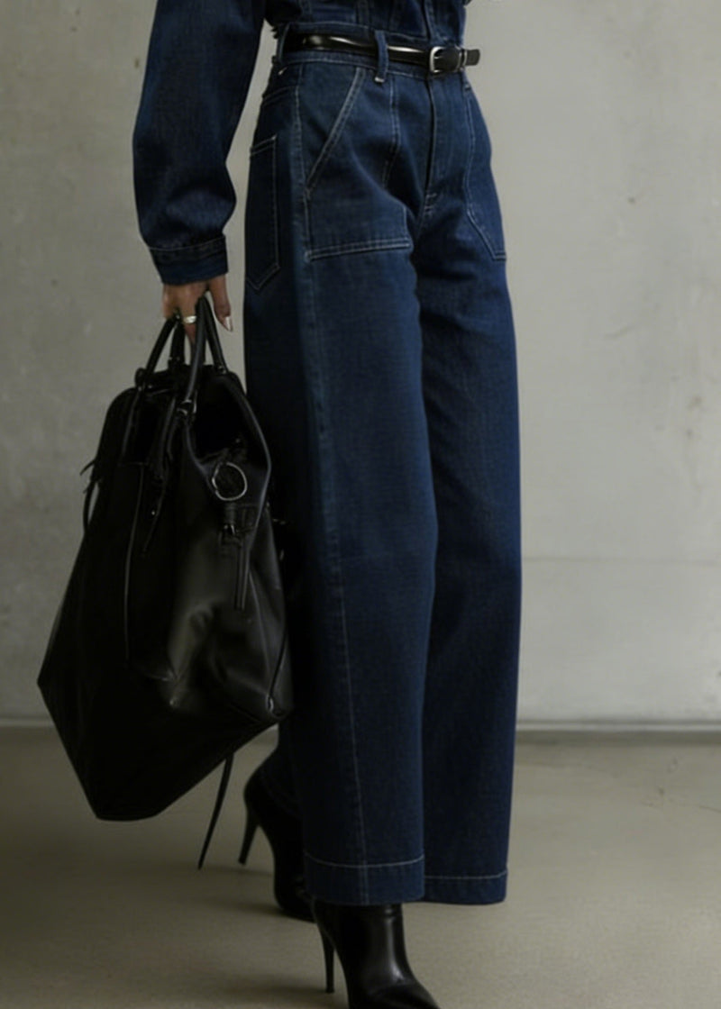 Denim Blue Peter Pan Collar Patchwork Pocket Jumpsuit Spring