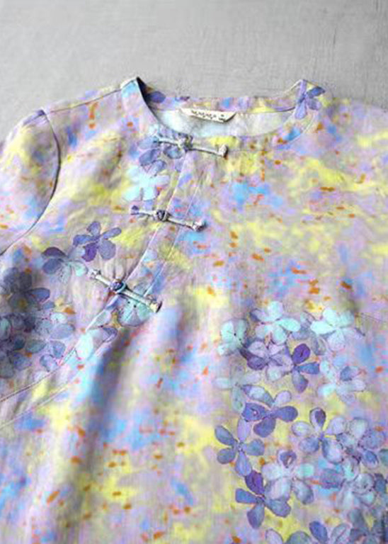 Purple O-neck Linen Shirt Top Three Quarter Sleeve