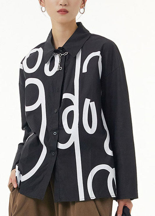 Black Peter Pan Collar Geometric Patchwork Cotton Blouses Spring