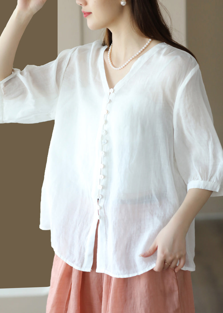 Deep Red V Neck Button Patchwork Linen Shirt Top Summer