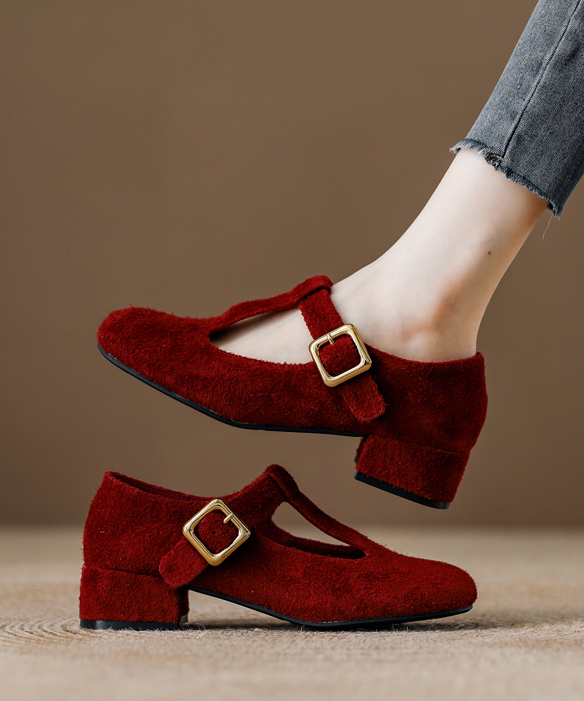 Unique Splicing Chunky Loafers for Red Suede