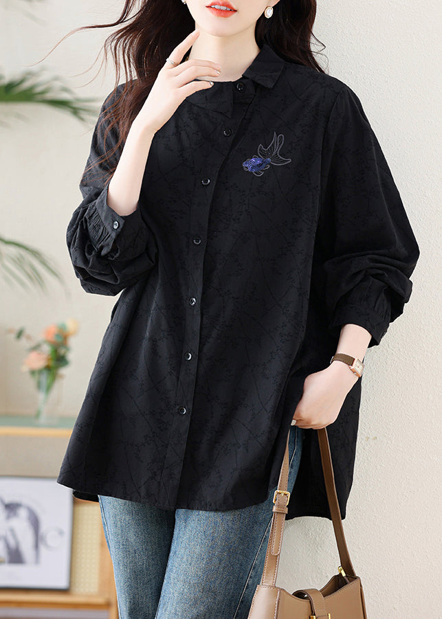 Black Embroideried Cotton Shirt Fall