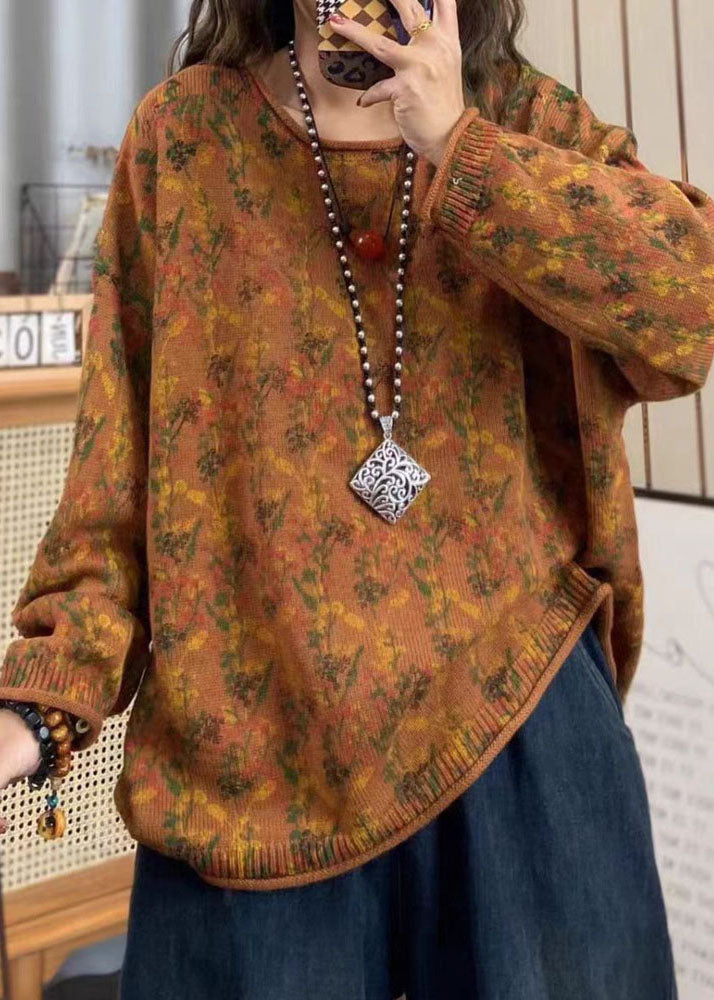 Red O Neck Print Cotton Knit Loose Sweaters Top Spring