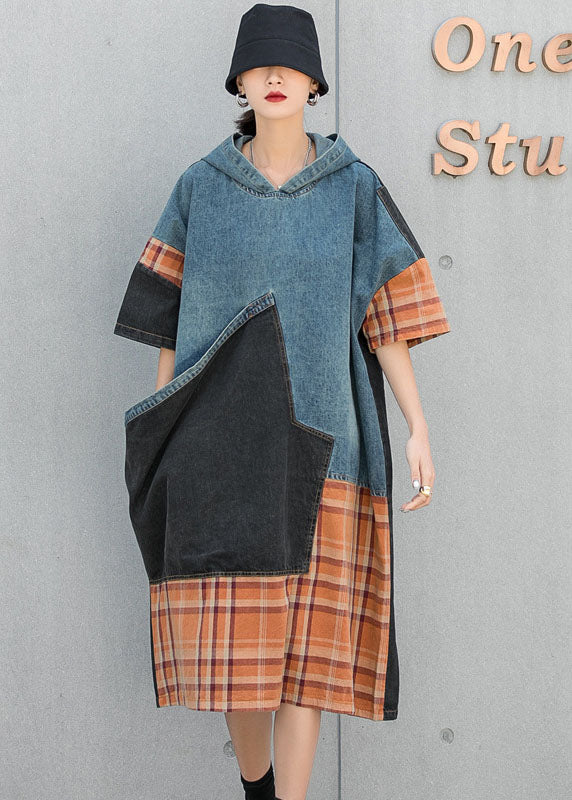 Blue Hooded Patchwork Plaid Pockets Fall Denim Dresses Half Sleeve