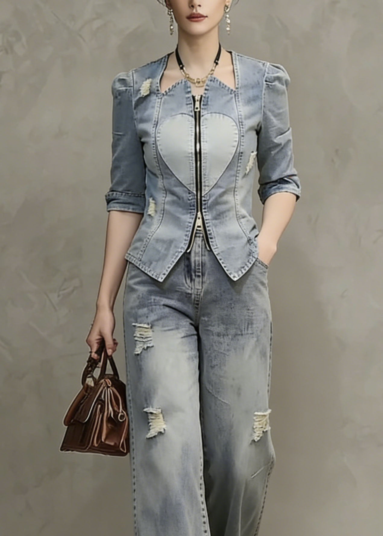 Blue Zip Up Patchwork Ripped Denim Two Pieces Set Spring