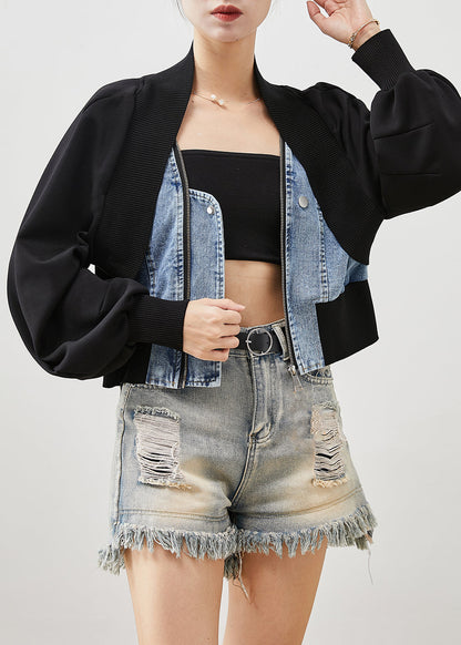 Black Oversized Patchwork Denim Fake Two Piece Coats Spring