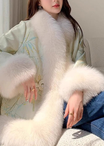 Light Green Fox Collar Embroidered Leather and Fur Coats Winter