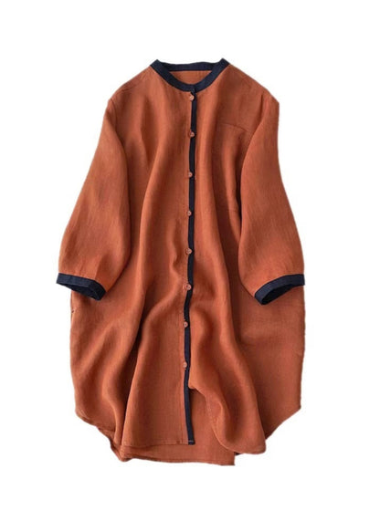 Caramel Stand Collar Button Linen Shirt Tops Bracelet Sleeve