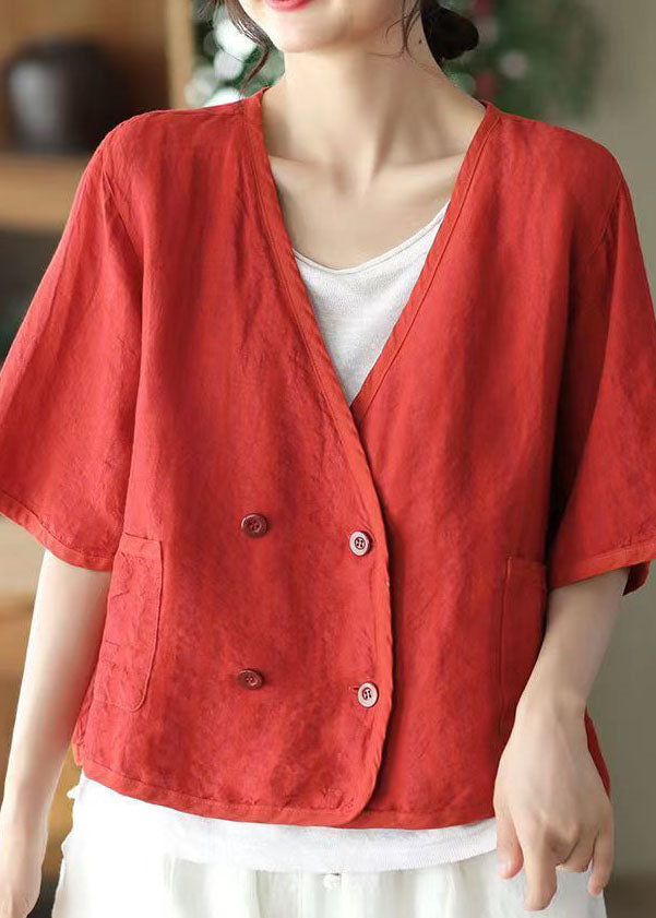 Red V Neck Double Breast Linen Cardigan Summer