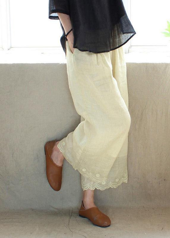 Light Yellow Embroidery Trousers Thin Summer Elastic Waist Wardrobes Pants