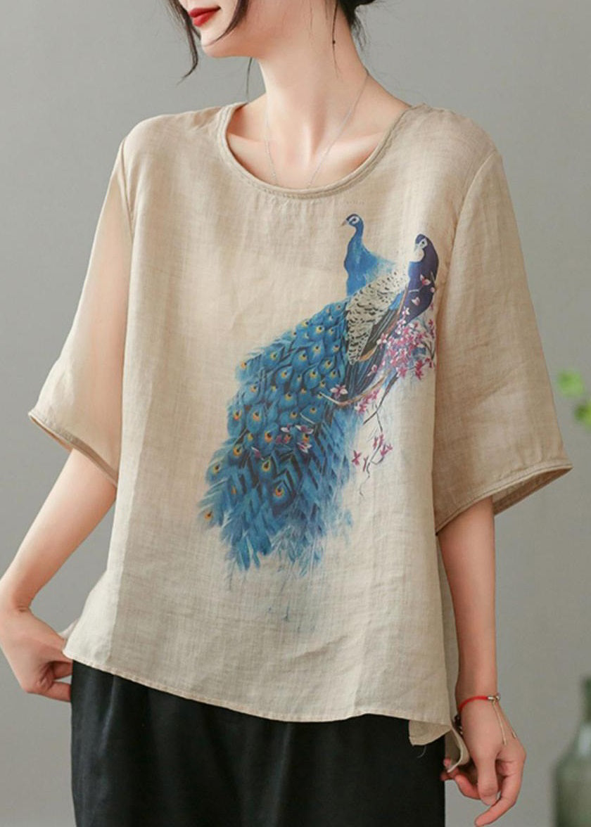 Light Khaki O Neck Print Cotton T Shirts Summer