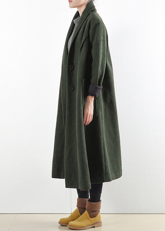 Green Notched Button Pockets Woolen Trench Coats Long Sleeve