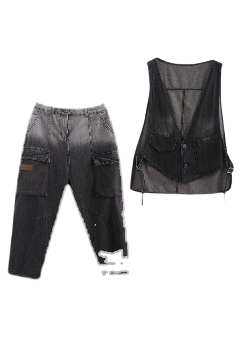 Gradient Color Black V Neck Patchwork Waistcoat and Harem Pants Two Pieces Set Spring