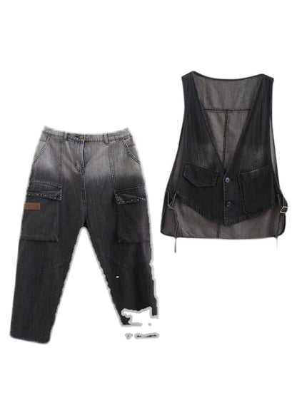 Gradient Color Black V Neck Patchwork Waistcoat and Harem Pants Two Pieces Set Spring
