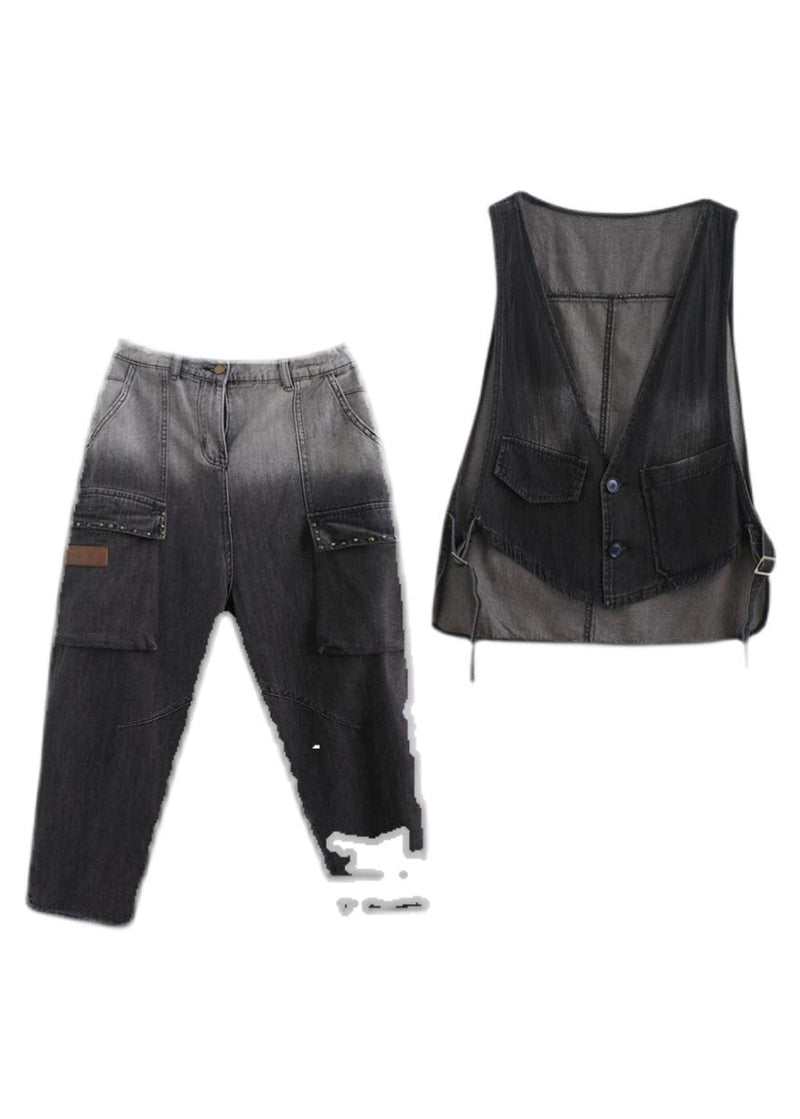 Gradient Color Black V Neck Patchwork Waistcoat and Harem Pants Two Pieces Set Spring