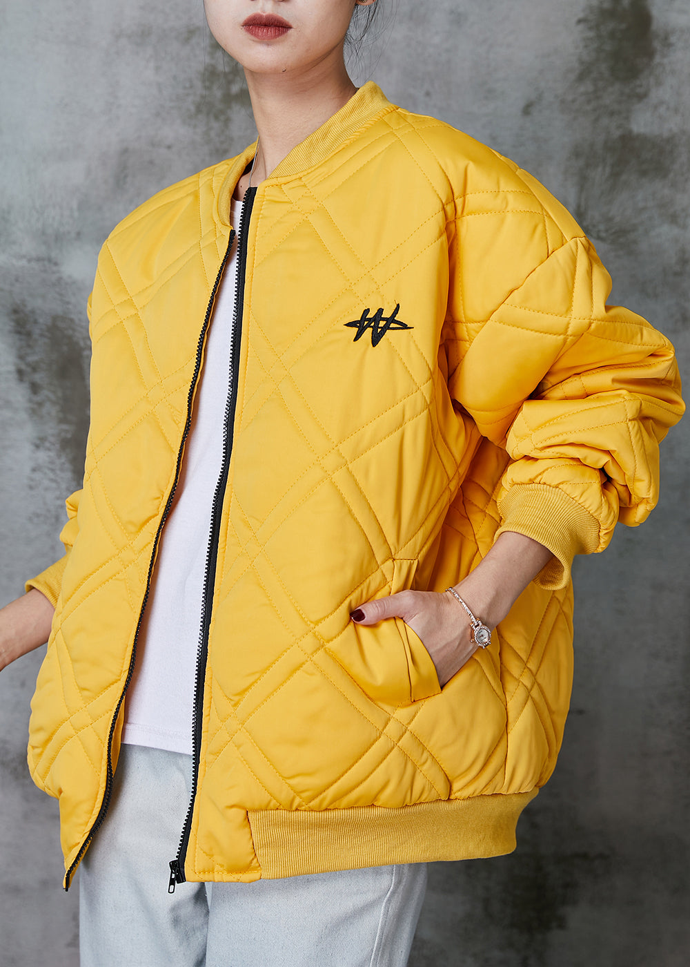 Yellow Zip Up Fine Cotton Filled Jackets Spring