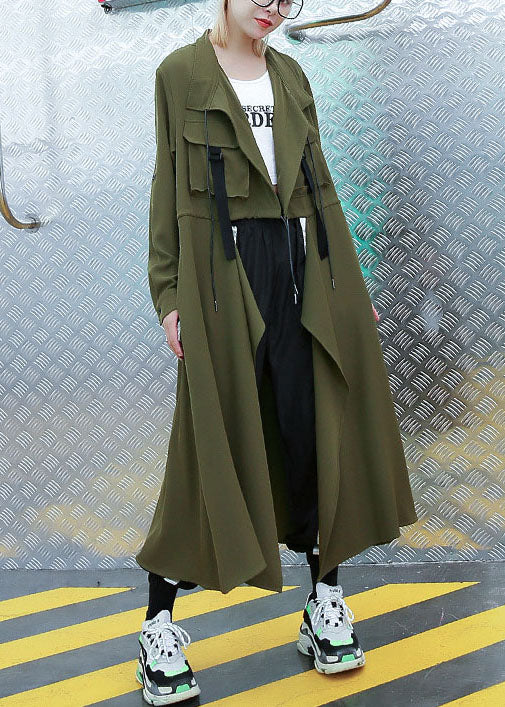 Army Green Pockets Peter Pan Collar Asymmetrical Trench Coat Spring
