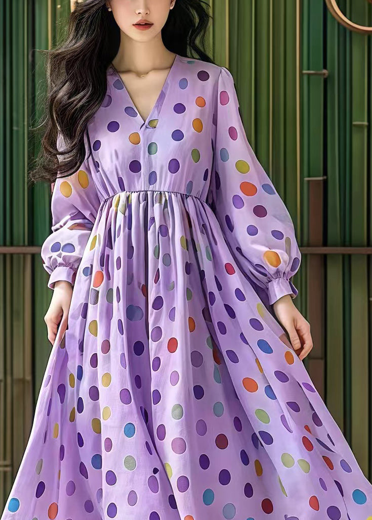 Purple V Neck Print Cotton Party Dress Fall