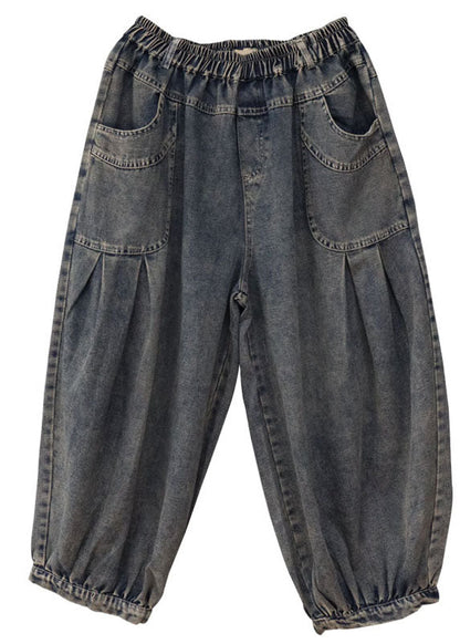 Blue Elastic Waist Pockets Denim Pants Spring