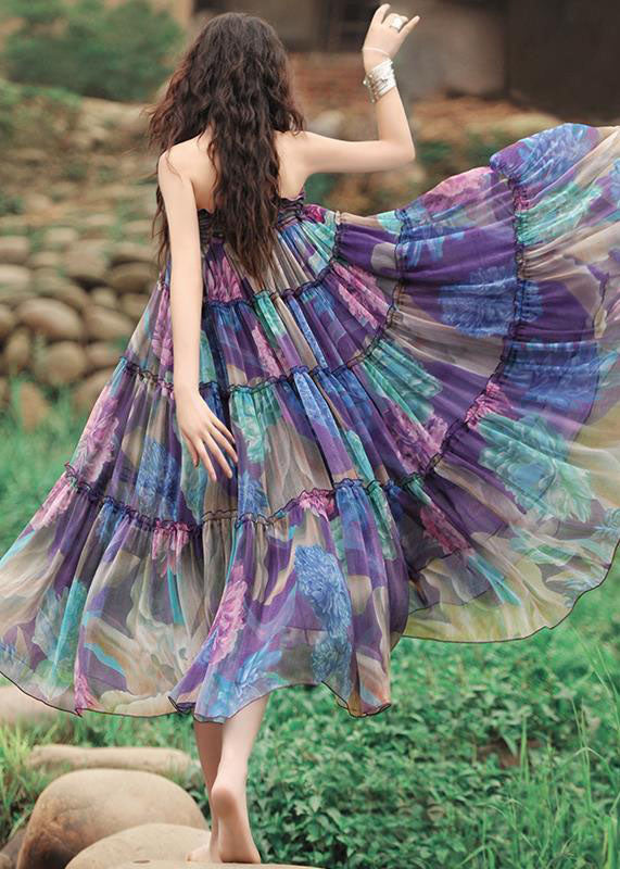Purple Drawstring Wrinkled Patchwork Print Chiffon Skirt Summer