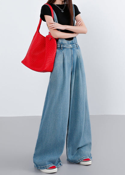 Blue Pockets Patchwork Denim Wide Leg Jumpsuit Fall
