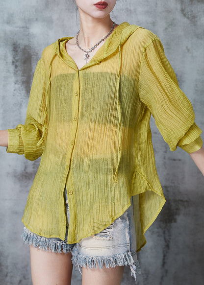 Grass Green Hooded Wrinkled Cotton Blouses Summer