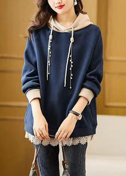 Navy Blue Drawstring Lace Patchwork Fleece Hoodie Sweatshirt Fall