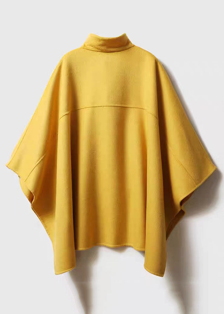 Yellow Stand Button Patchwork Woolen Cape Coats Fall