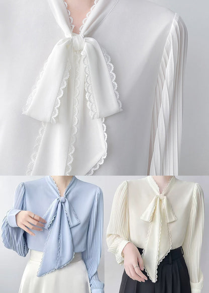Natural White Bow Wrinkled Chiffon Tops Spring