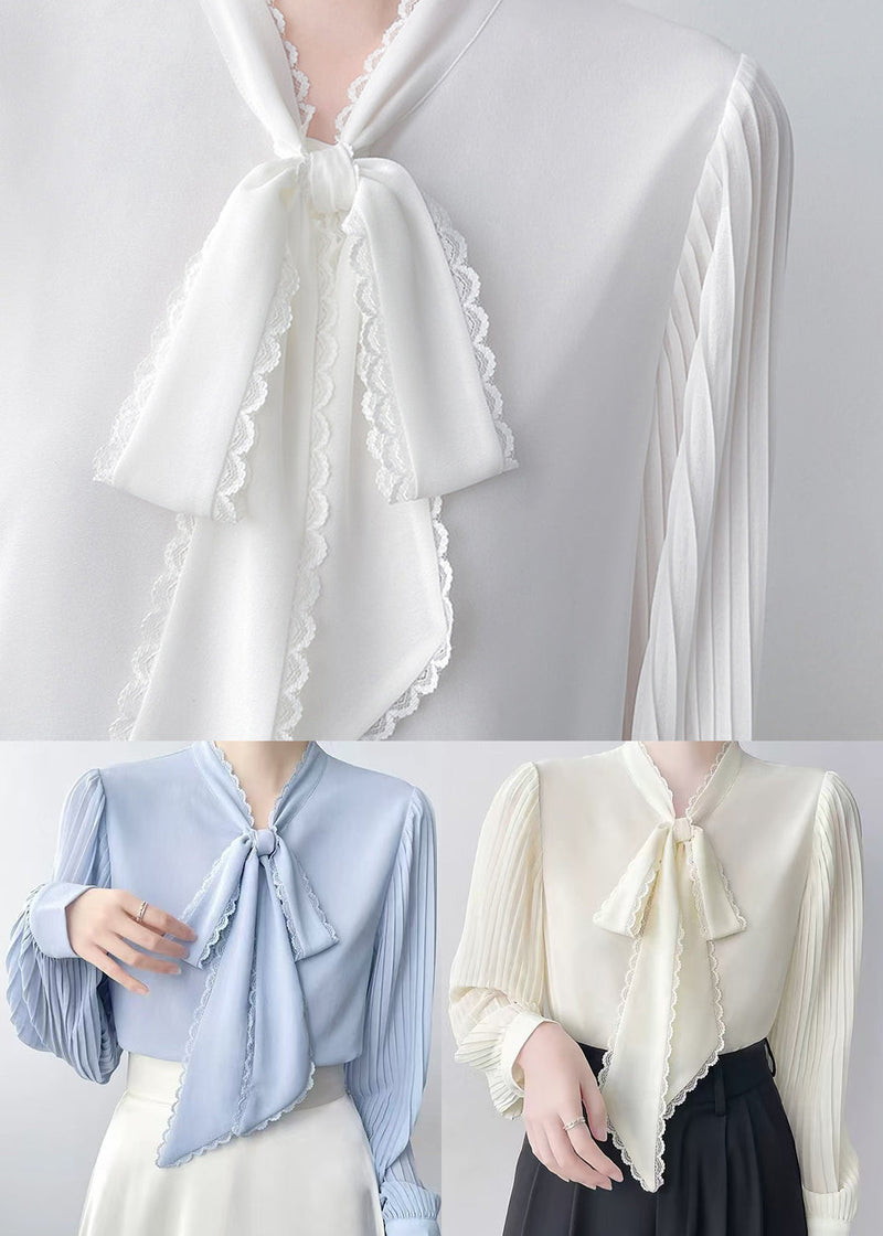 Natural White Bow Wrinkled Chiffon Tops Spring