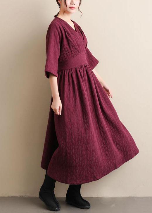 Natural V Neck Cinched Spring Quilting Clothes Pattern Burgundy Maxi Dress