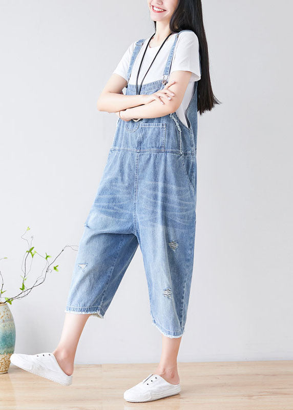 Light Blue Hole Pockets Cowboy Jumpsuits Spring