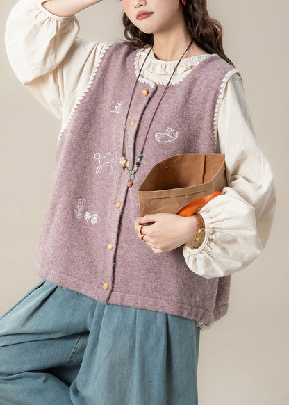 Loose Purple Embroidered Knit Vest and Apricot Ruffled Cotton Shirts Two Pieces Set Spring